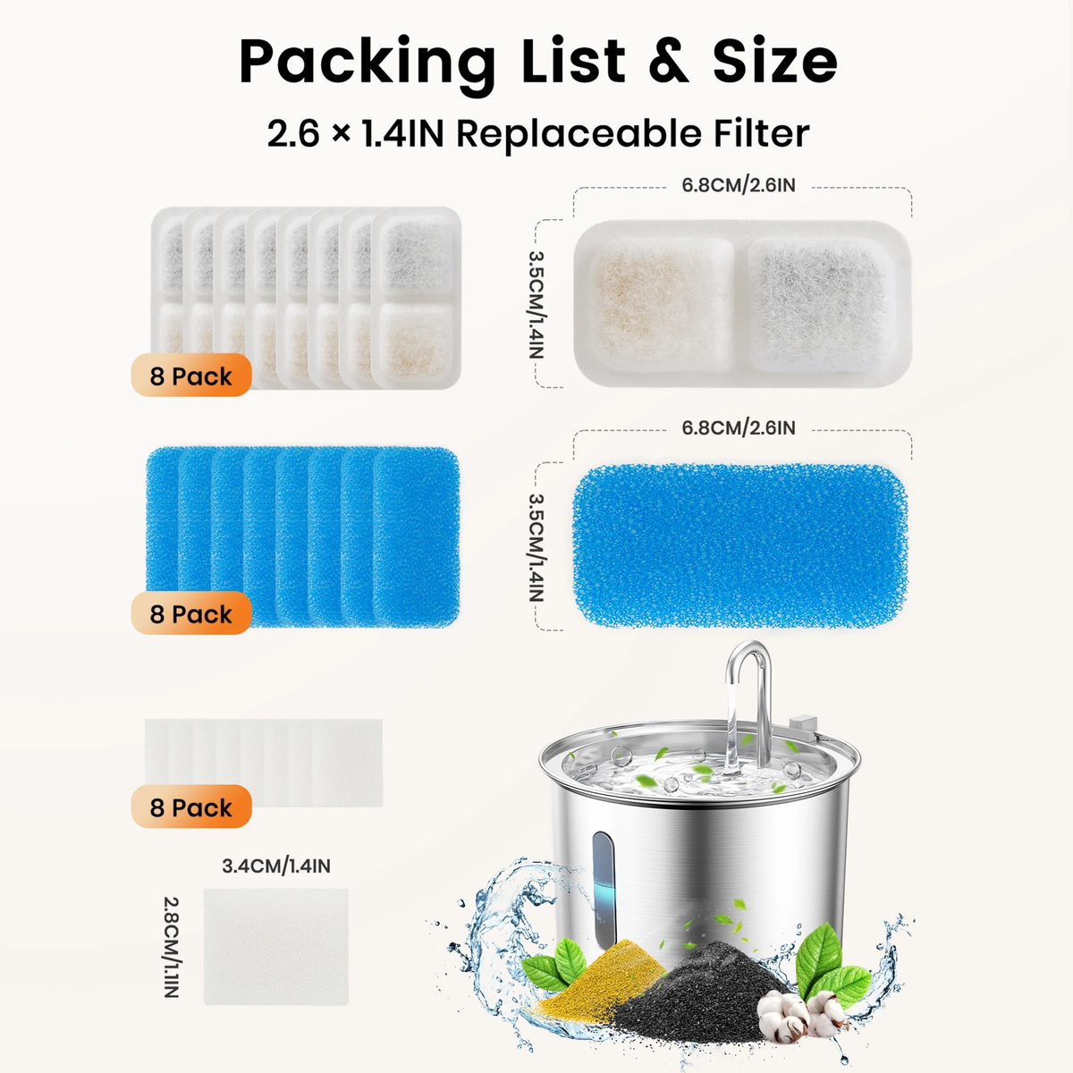 8 Pack Cat Water Fountain Replacement Carbon Filters for PWF-001 2L Cat Fountain - White