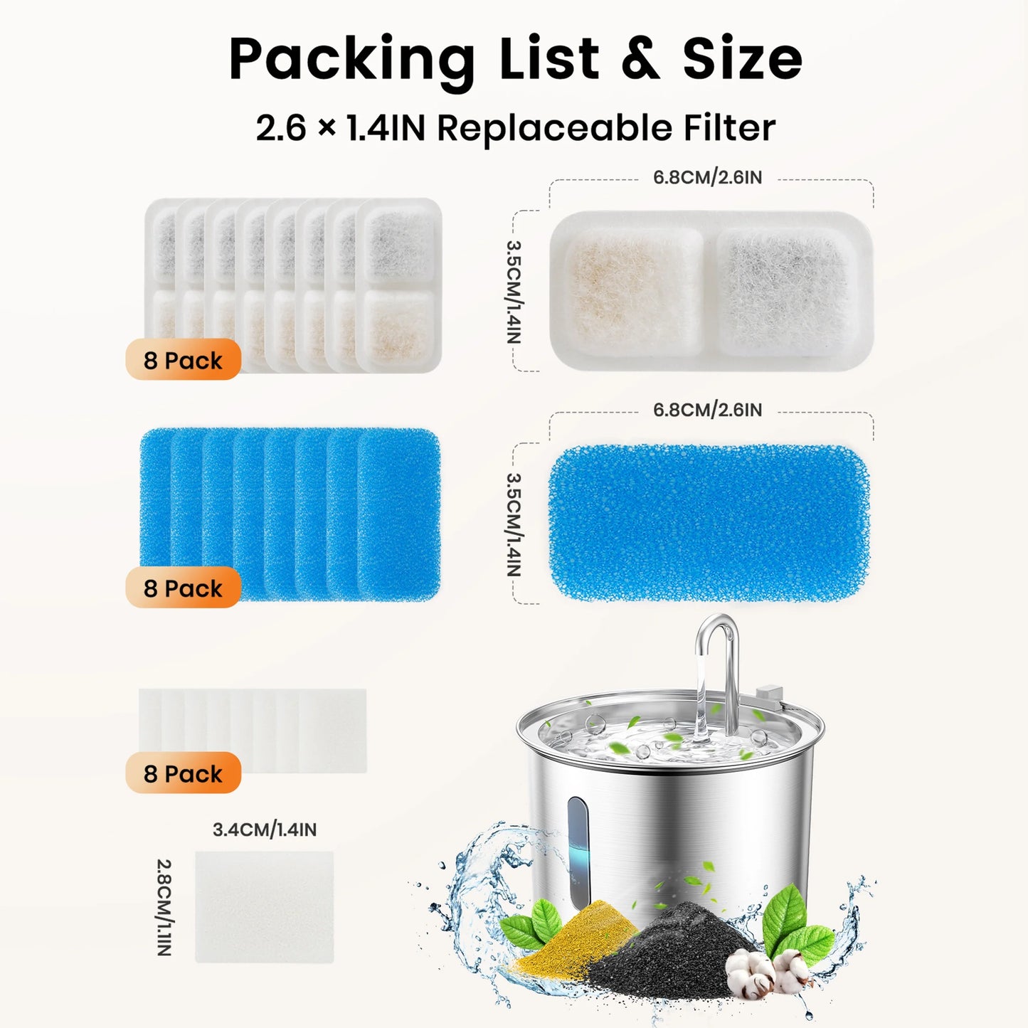 8 Pack Cat Water Fountain Replacement Carbon Filters for PWF-001 2L Cat Fountain - White