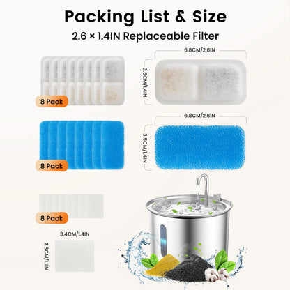 8 Pack Cat Water Fountain Replacement Carbon Filters for PWF-001 2L Cat Fountain - White