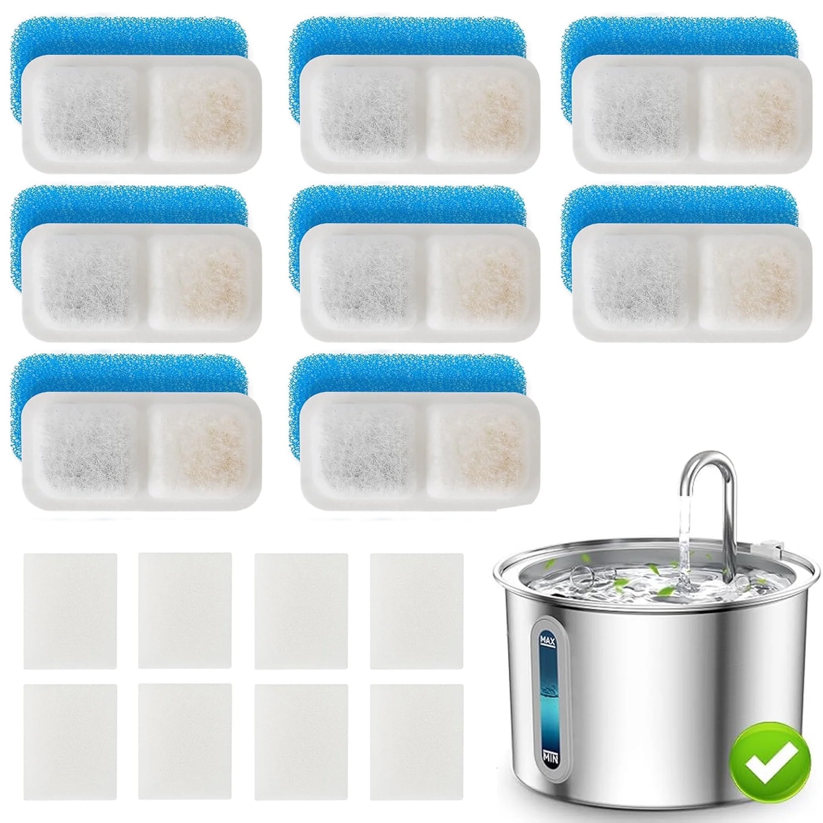 8 Pack Cat Water Fountain Replacement Carbon Filters for PWF-001 2L Cat Fountain - White